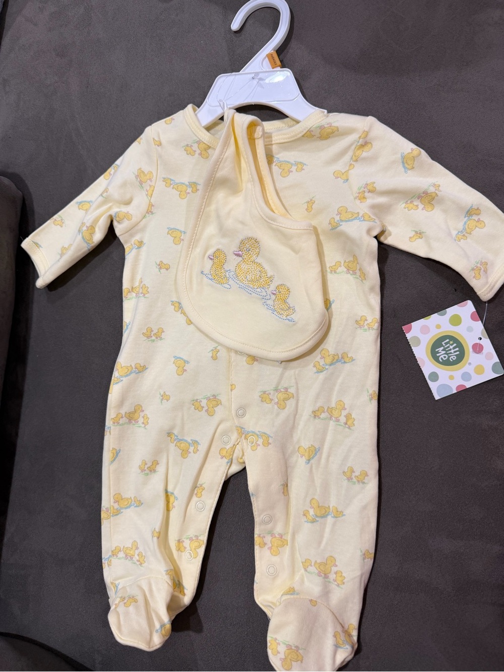 Little Me Yellow Duckling Footed Pajamas with Bib